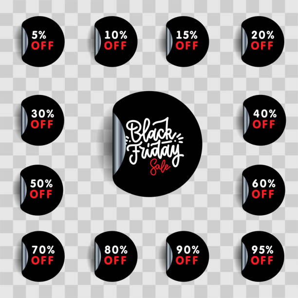 Black Friday sale and discount pointer or sticker set. 5.10, 15, 20,30,40,50,60,70,80,90, 95 percent price off tag icon. Vector realistic illustration with shadow. Round shape with folded side. Black Friday sale and discount pointer or sticker set. 5.10, 15, 20,30,40,50,60,70,80,90, 95 percent price off tag icon. Vector realistic illustration with shadow 40 off stock illustrations
