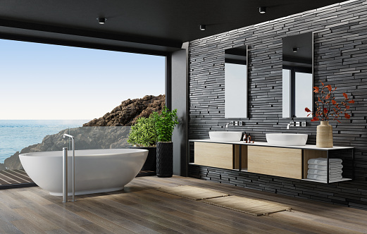 Modern matte black bathroom interior.
Panoramic window. Rock stone outside. 3d rendering.