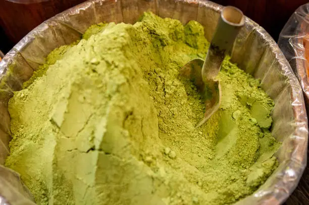 Naturel Henna Powder In Wooden Barrel At The Shop