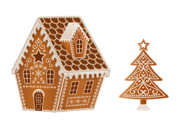 gingerbread house with christmas tree gingerbread house with christmas tree vector gingerbread house stock illustrations