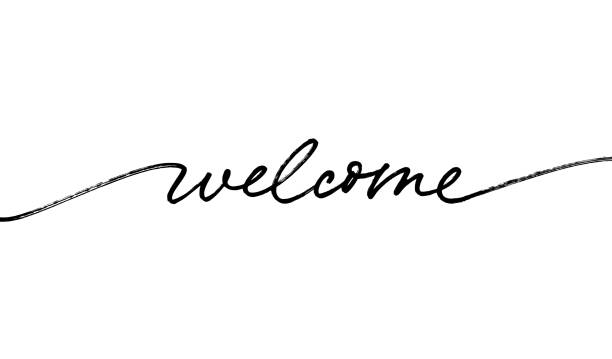 willkommen handgezeichnete vektorlinie kalligraphie. schriftzug tinte illustration mit swashes. - welcome schild stock-grafiken, -clipart, -cartoons und -symbole