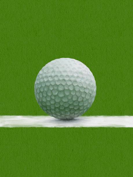istock Minimalistic drawing of a golf ball on a line on the green field background. Flat poster design. 1279407370