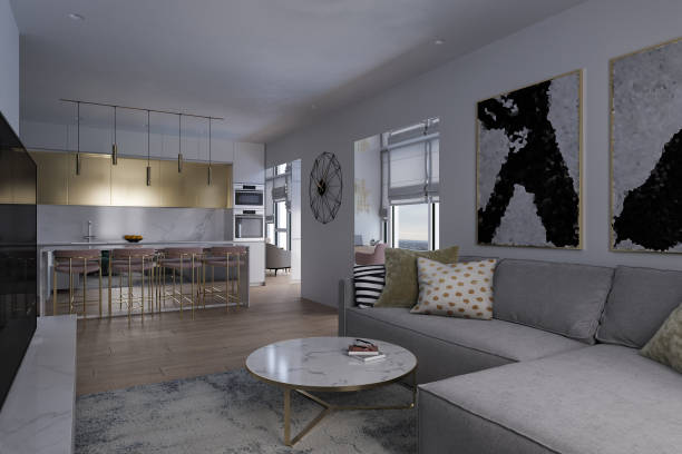 istock Illustration of an apartment interior design with panoramic windows. 3d render for lighting demonstration. 1279414043