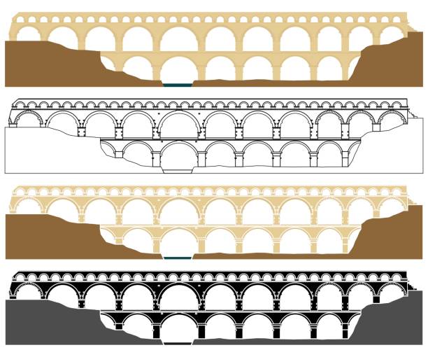 ilustraciones, imágenes clip art, dibujos animados e iconos de stock de pont du gard, acueducto en francia. - roman aqueduct