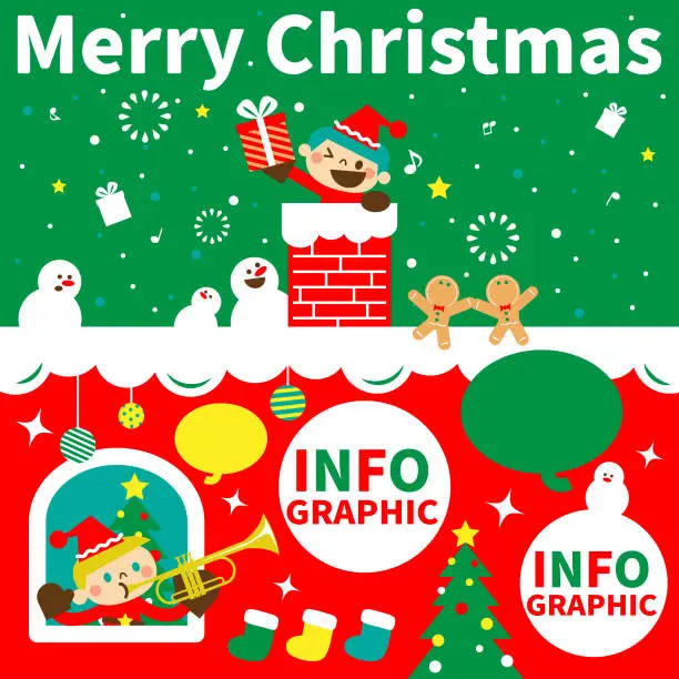 Vector illustration of Merry Christmas and New Year greeting from cute children wearing Santa Claus clothes; A boy holding a gift box is coming down the chimney into the house and a boy is playing the trumpet at the window