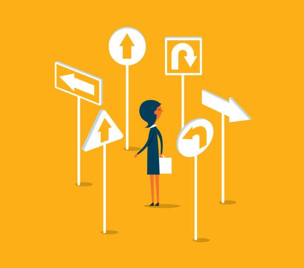 crossroad - Businesswoman Different ways vector concept crossroads sign illustrations stock illustrations