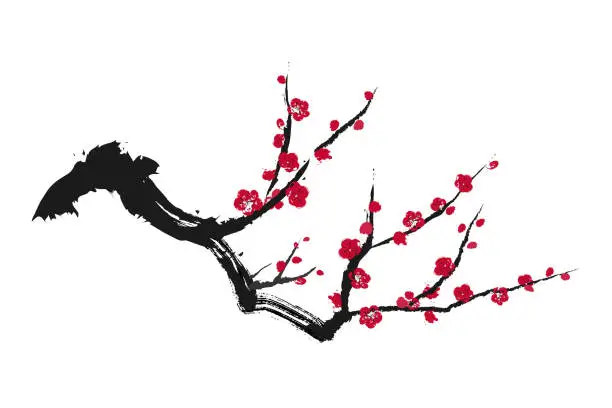 Vector illustration of Ink painting vector illustration of plum tree.