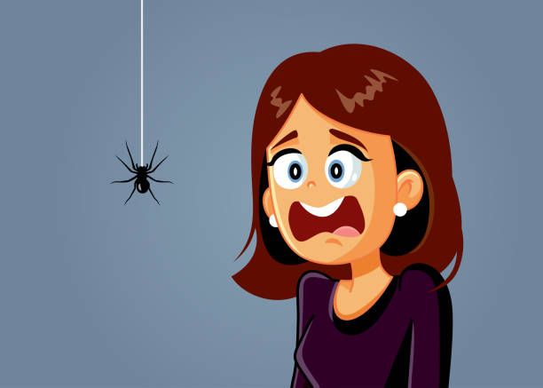 испуганная женщина боится паука вектор мультфильм - offense stock illustrations