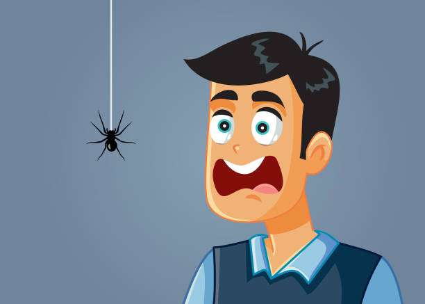 stockillustraties, clipart, cartoons en iconen met scared man die bang is voor een spider vector cartoon - spider man