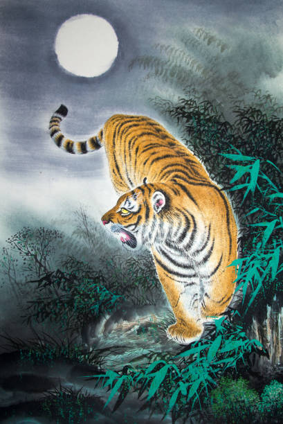 Chinese traditional painting of tiger Chinese traditional painting of tiger chinese culture paintings bush painting stock illustrations