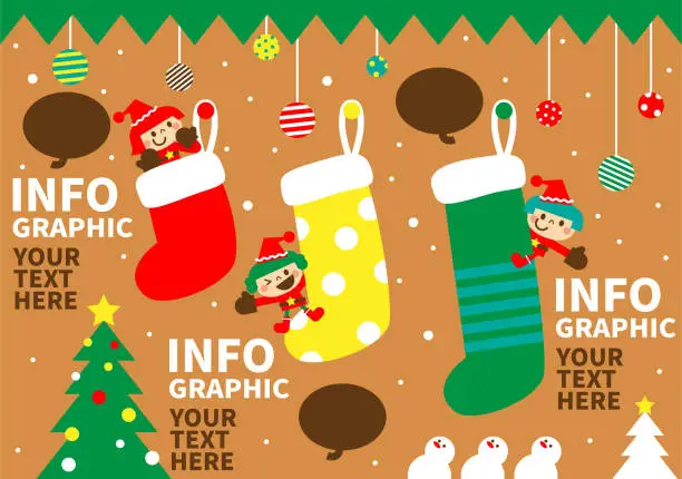 Vector illustration of Merry Christmas and New Year greeting from cute children wearing Santa Claus clothes; Bar Chart Infographic made of Christmas stocking