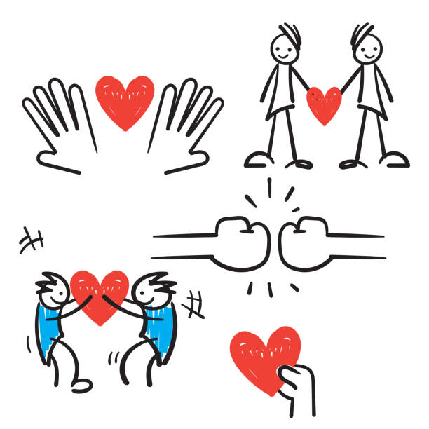 illustrations, cliparts, dessins animés et icônes de jeu d’icônes de la ligne de vecteur d’amitié et d’amour dessinés à la main. relation, compréhension mutuelle, entraide, interaction. style doodle - valentines day love true love heart shape