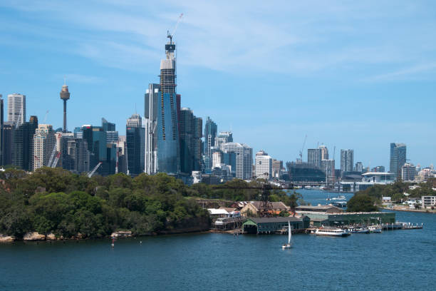 view across goat island to barangaroo and darling harbor - darling harbor imagens e fotografias de stock