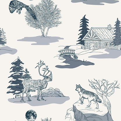 A wintery toile de jouy seamless pattern featuring a snowy scene, a cabin, an owl, a caribou and a moose. Grouped segments and global colours used, easy to make changes to.