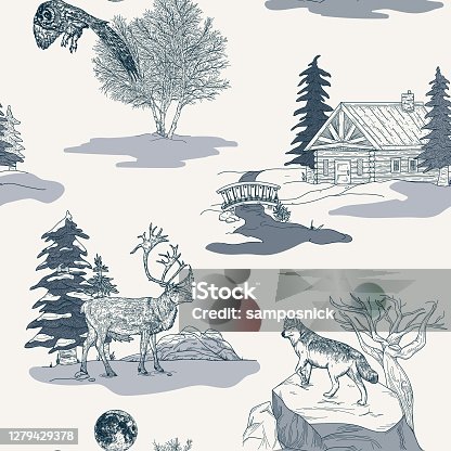 istock Winter Nature and Wildlife Toile de Jouy Seamless Pattern 1279429378