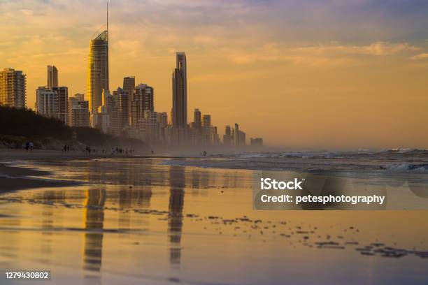Gold Coast Sunrise Reflections Stock Photo - Download Image Now - Beach, Gold Coast - Queensland, Surfer's Paradise - Australia