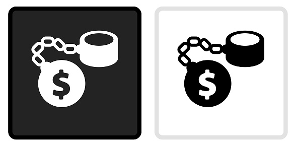 Money Ball & Chain Icon on  Black Button with White Rollover. This vector icon has two  variations. The first one on the left is dark gray with a black border and the second button on the right is white with a light gray border. The buttons are identical in size and will work perfectly as a roll-over combination.