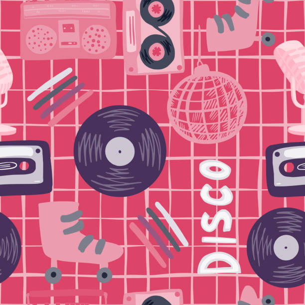 illustrazioni stock, clip art, cartoni animati e icone di tendenza di motivo senza cuciture palette rosa e viola con palla da discoteca, microfono, rulli, cassetta, registratore a nastro, vinile, forme di record. sfondo a scacchi. - backgrounds nightclub disco ball disco