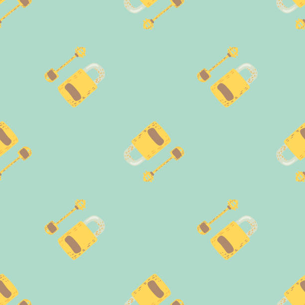 istock Yellow lock and keys silhouettes seamless doodle pattern. Vintage victorian print on light turquoise background. 1279434823