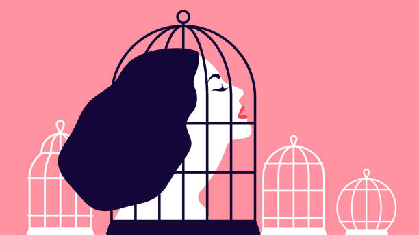 ilustraciones, imágenes clip art, dibujos animados e iconos de stock de hermosa mujer encerrada en una jaula. el concepto de restringir los derechos de las mujeres. el concepto de relaciones abusivas. ilustración vectorial moderna. - mental abuse