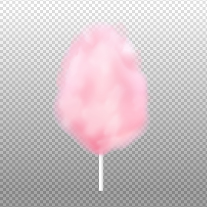 Realistic pink cotton candy on a stick - sweet pastel color candy floss dessert isolated on transparent background. Spun sugar confection vector illustration.