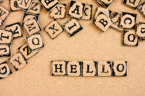 istock Word Hello spelled out from cardboard letters made by black alphabet stamps. 1279444391