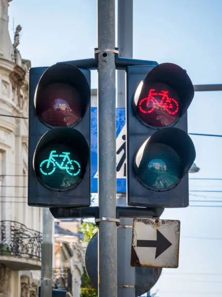 Traffic lights for bikes. Stoplight or for Bicycles in Bucharest, Romania.