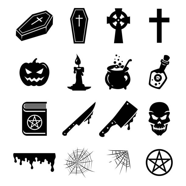 Set of black silhouettes and icons of elements and decorations for Halloween Vector set of black silhouettes and icons of objects, elements and decorations for Halloween. Pumpkin, skull, cross, witch cauldron, pentagram and other things isolated on white background. celtic culture celtic style star shape symbol stock illustrations