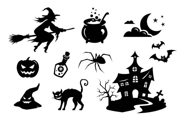 illustrazioni stock, clip art, cartoni animati e icone di tendenza di sagome di mostri, elementi per halloween - bare tree