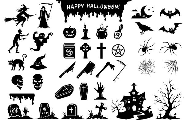 Big set of black silhouettes of monsters, creatures and elements for Halloween Vector set of black silhouettes of monsters, creatures, objects, elements for Halloween. Witch, zombie, pumpkin, ghost, Grim Reaper, cat and other creatures isolated on white background monster back lit halloween cemetery stock illustrations