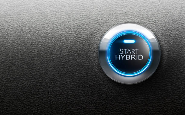 Start hybrid button Start hybrid button with blue light on black leather dashboard - 3D illustration start button photos stock pictures, royalty-free photos & images