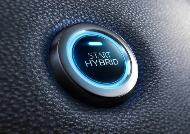 Start hybrid button with blue light on black leather dashboard - 3D illustration