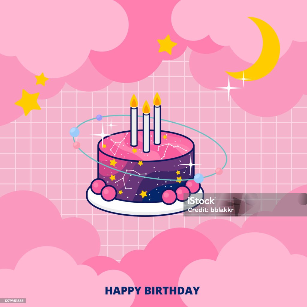 Cute Fantasy Galaxy Birthday Cake On Pink Background Invitation ...