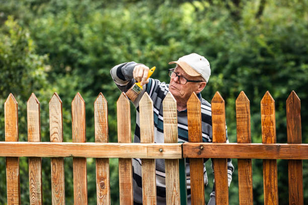 istock Old man paint picket fence by wood stain 1279459563