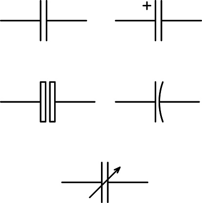 Symbols electric capacitors, constant capacity, polar, non-polar, variable capacity