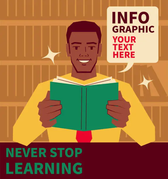 Vector illustration of One handsome young African-American ethnicity businessman is reading a book in the library; Never stop learning; To invest in yourself; Knowledge is power