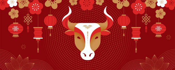 chiński nowy rok 2021 rok wół, chiński symbol zodiaku, chiński tekst mówi "happy chinese new year 2021, year of ox" - female animal big cat undomesticated cat feline stock illustrations
