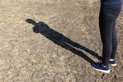 Woman legs and shadow on the agricultural field