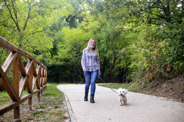 istock Young woman walking with her dog 1279464077