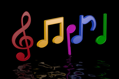 Colorful Music Notes, 3D rendering isolated on black background