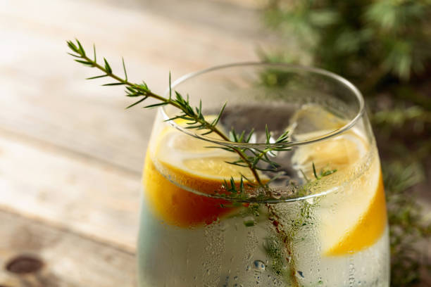 istock Alcohol drink (gin tonic cocktail) with lemon, juniper branch, and ice on rustic wooden table. 1279466194