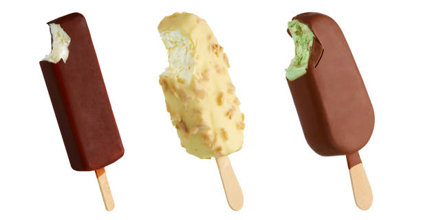 istock Bitten chocolate ice cream bars on a stick; isolated on white 1279468576