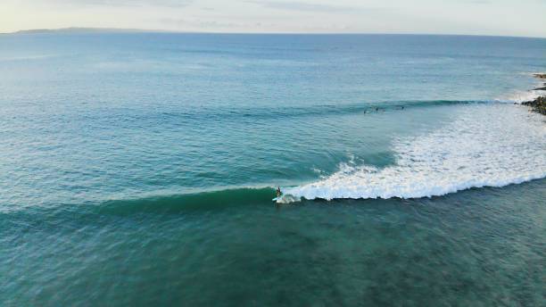 ein einsamer surfer reitet eine türkisfarbene welle bei perfekten surfbedingungen in der dämmerung - coastline noosa heads australia landscape stock-fotos und bilder
