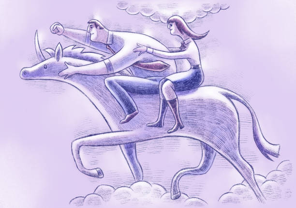 illustrations, cliparts, dessins animés et icônes de couples d’affaires chevauchant la licorne - running horses