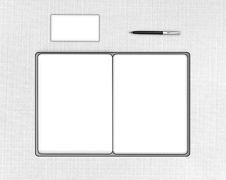 Notebook, business mock up, desk with blank notebook, blank business cards and pen