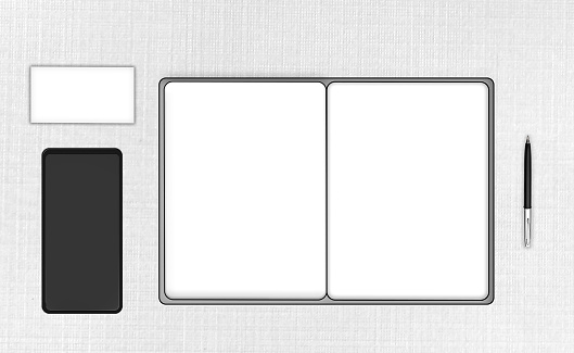 Notebook, business mock up, desk with blank notebook, cell phone, blank business cards and pen
