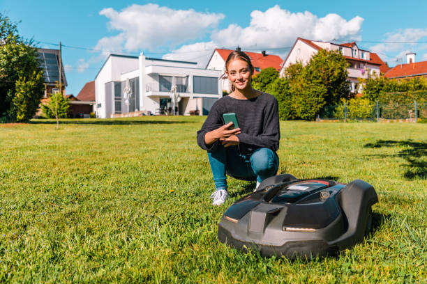 istock Robotic lawn mower programmed with mobile phone app by a smiling woman 1279479444