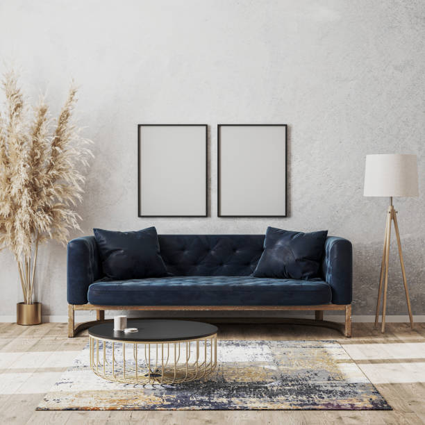 istock Blank frame mock up on wall in modern living room luxury interior design with dark blue sofa, decorative rug, floor lamp and stylish decoration, 3d rendering 1279482347