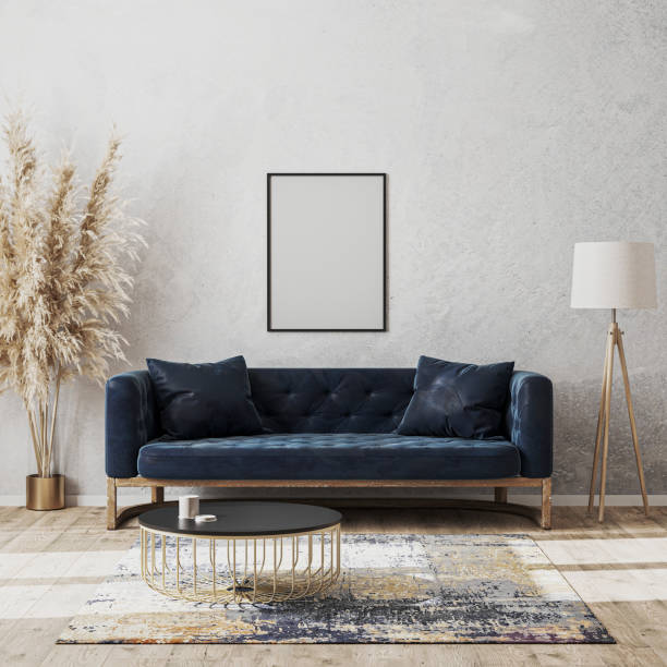 istock Blank frame mock up on wall in modern living room luxury interior design with dark blue sofa, decorative rug, floor lamp and stylish decoration, 3d rendering 1279482353