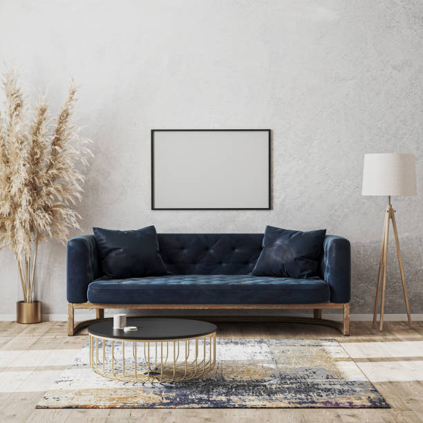istock Blank horizontal frame mock up on wall in modern living room luxury interior design with dark blue sofa, decorative rug, floor lamp and stylish decoration, 3d rendering 1279482355